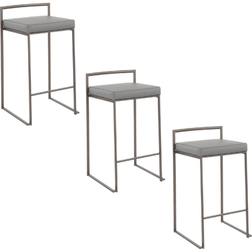 Fuji 26" Stackable Counter Stool in Antique Metal & Grey Leatherette (Set of 3)